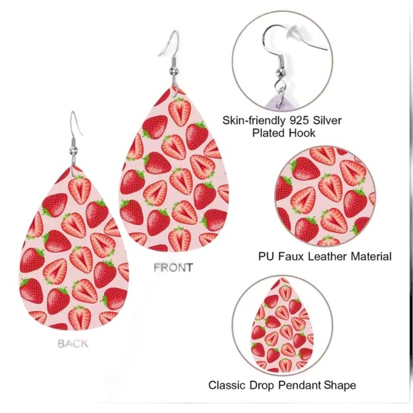 Leather Strawberry Print Pink and Red Teardrop Drop Earrings - Picture 2 of 8